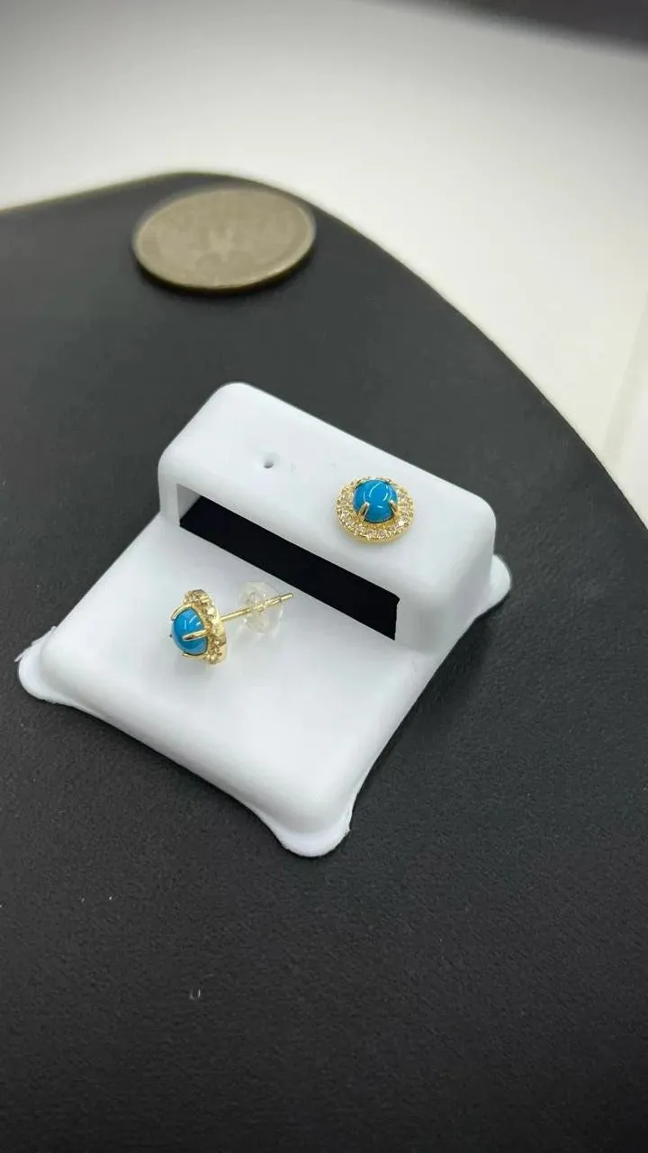 14K Yellow Gold Stud Minimalist Earrings Blue Opal CZ For Womens & Girls