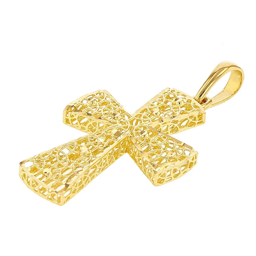 14k Yellow Gold Textured 3D Filigree Catholic Cross Pendant (Medium)