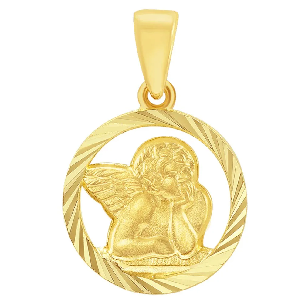 14k Yellow Gold Textured Open Round Guardian Angel Pendant with Curb Chain Necklace