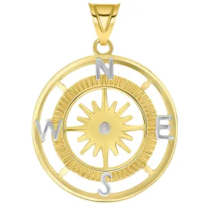 14k Yellow Gold Two Tone 16-Wind Point Compass Rose Pendant