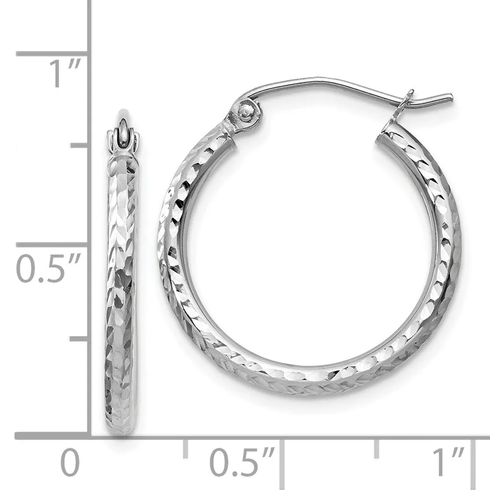 14KT White Gold Diamond-Cut 2mm Round Tube Hoop Earrings