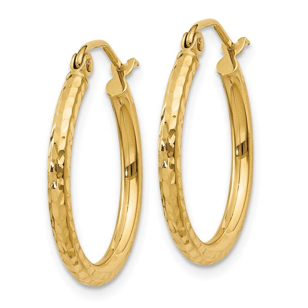 14KT Yellow Diamond-Cut 2mm Round Tube Hoop Earrings