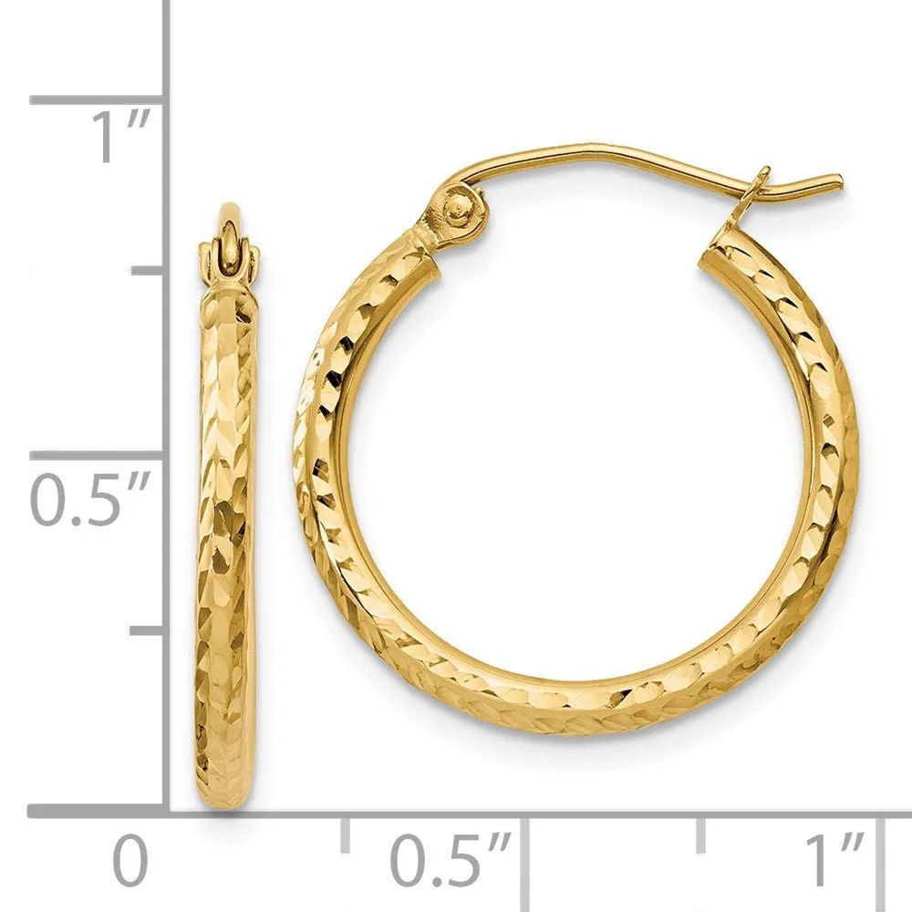 14KT Yellow Diamond-Cut 2mm Round Tube Hoop Earrings