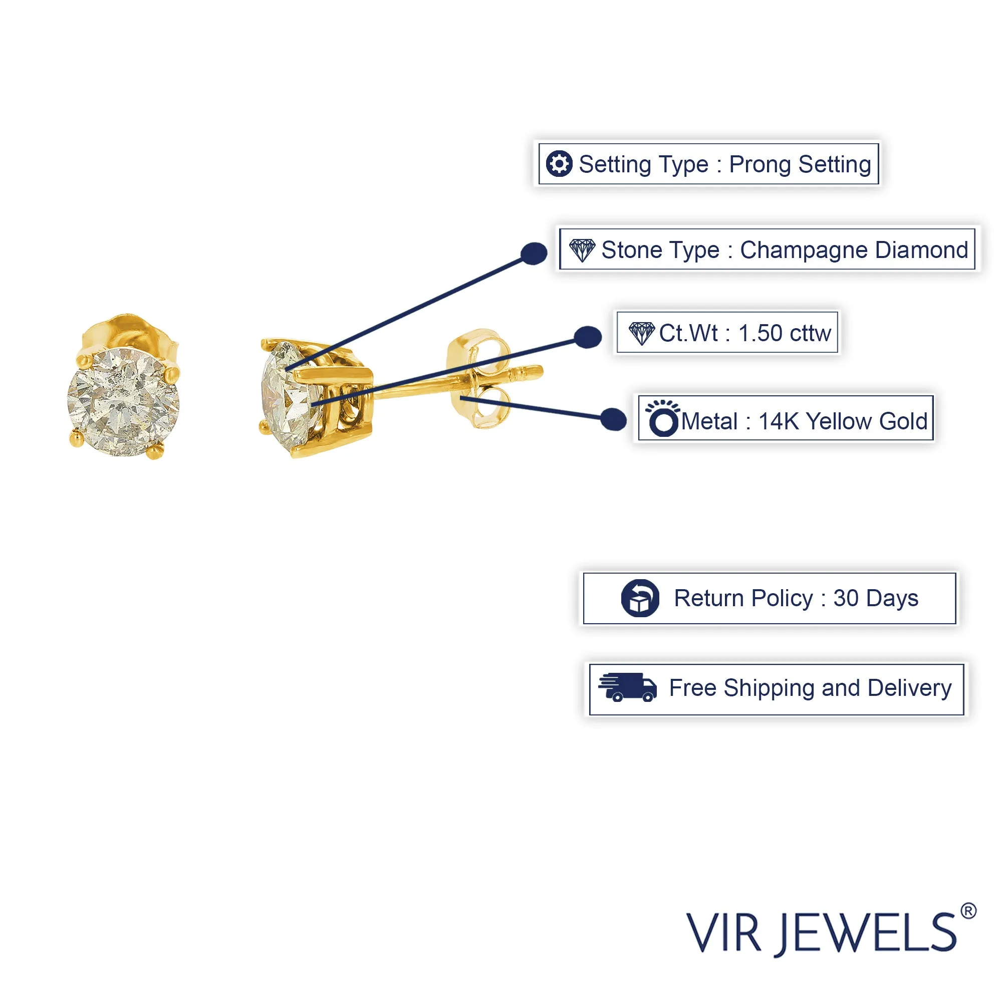 1.50 cttw Champagne Diamond Stud Earrings 14K Yellow Gold