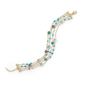 18k Gold Multi Row Turquoise & Blue Topaz Multi Gemstone Bracelet