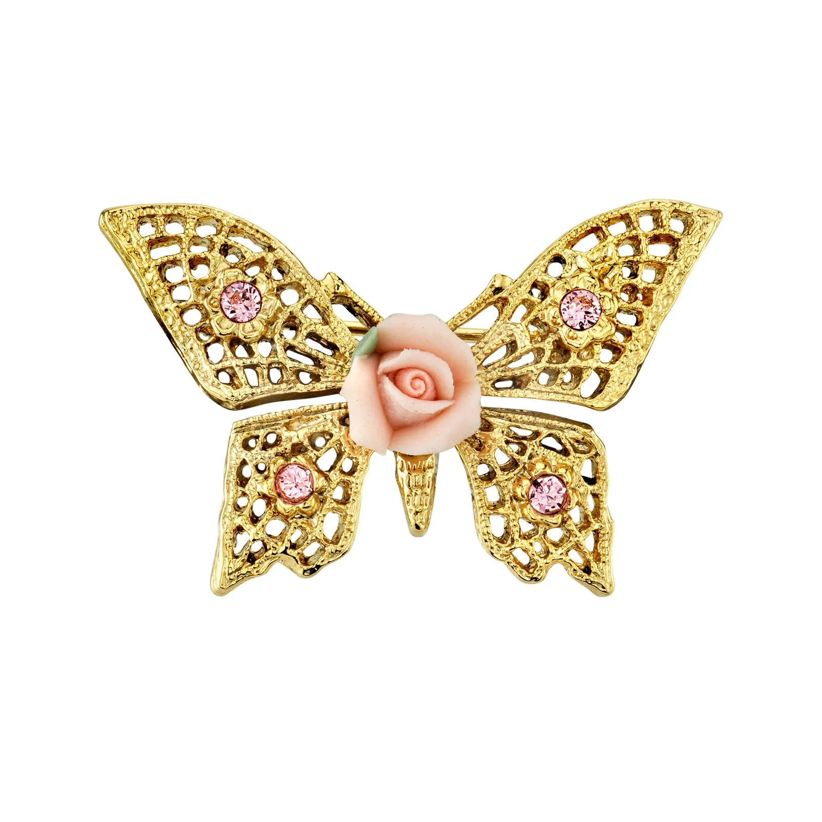 1928 Jewelry&reg; Gold-Tone Pink Crystal And Porcelain Rose Butterfly Brooch