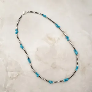 3mm Navajo Pearls & Blue Turquoise Chip Necklace Sterling Silver