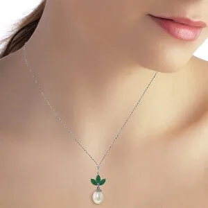 4.75 Carat 14K Solid White Gold Necklace Pearl Emerald