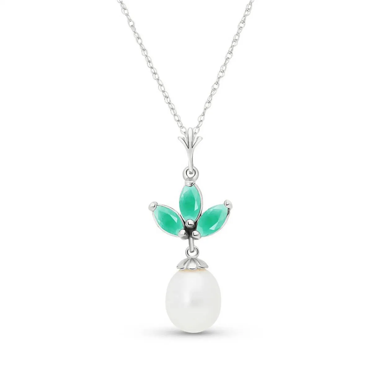 4.75 Carat 14K Solid White Gold Necklace Pearl Emerald