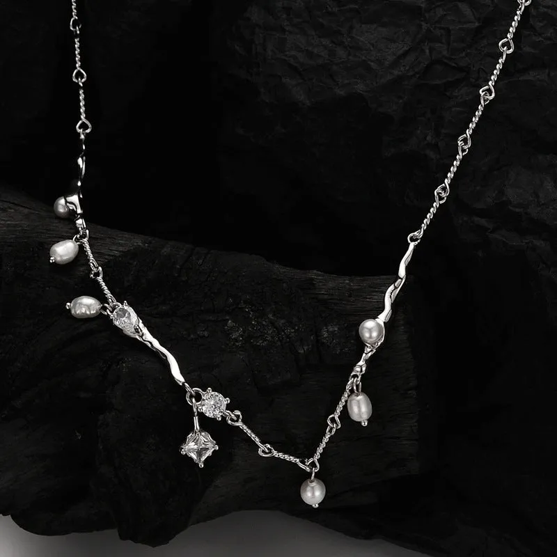 925 Silver CZ Diamond Star Pearl Necklace