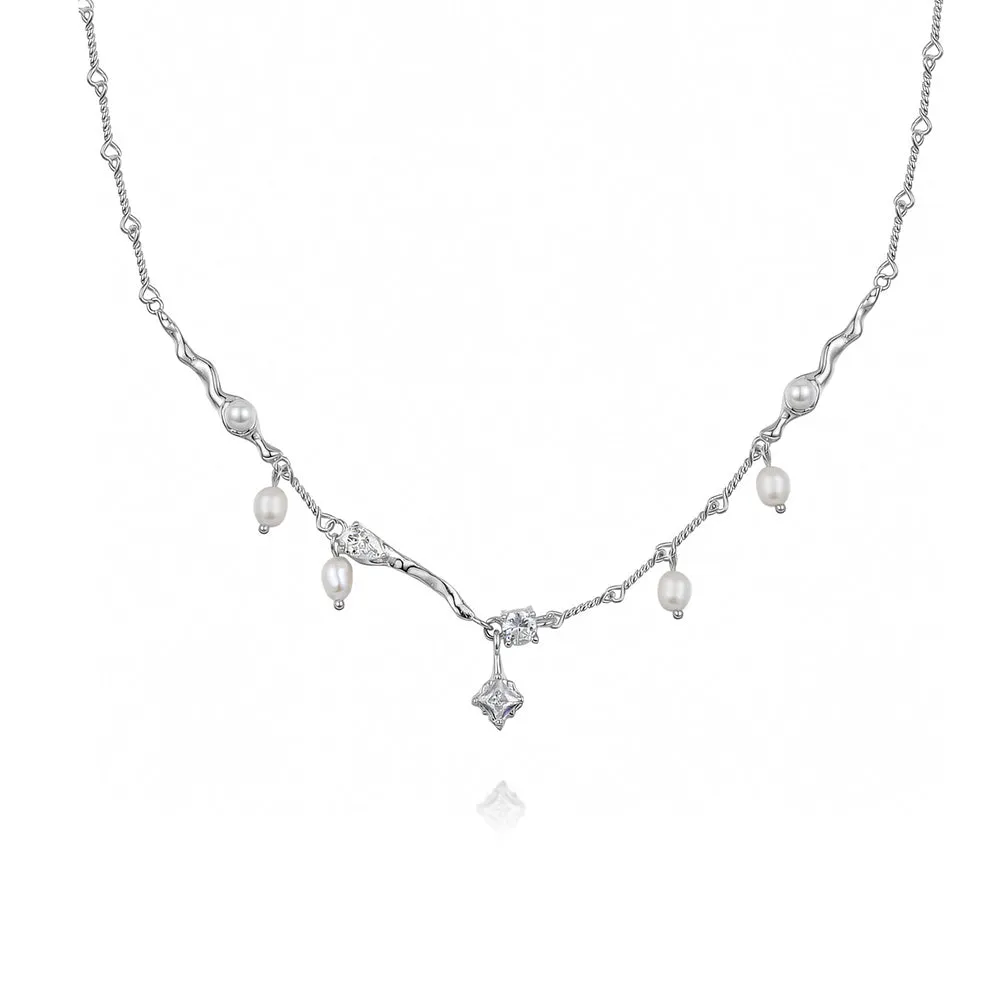 925 Silver CZ Diamond Star Pearl Necklace