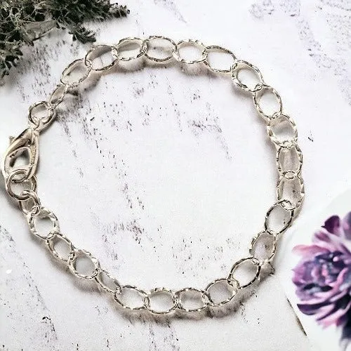 .925 Sterling Silver Hammered Oval Link Charm Bracelet Base - D.I.Y. - BUILD YOUR CHARM BRACELET!