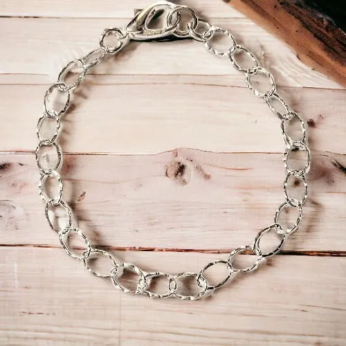 .925 Sterling Silver Hammered Oval Link Charm Bracelet Base - D.I.Y. - BUILD YOUR CHARM BRACELET!