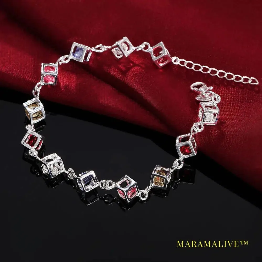 925 Sterling Silver Multicolor Square AAA Zircon Bracelet For Women Wedding Engagement Party Fashion  Jewelry