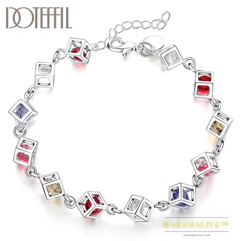 925 Sterling Silver Multicolor Square AAA Zircon Bracelet For Women Wedding Engagement Party Fashion  Jewelry