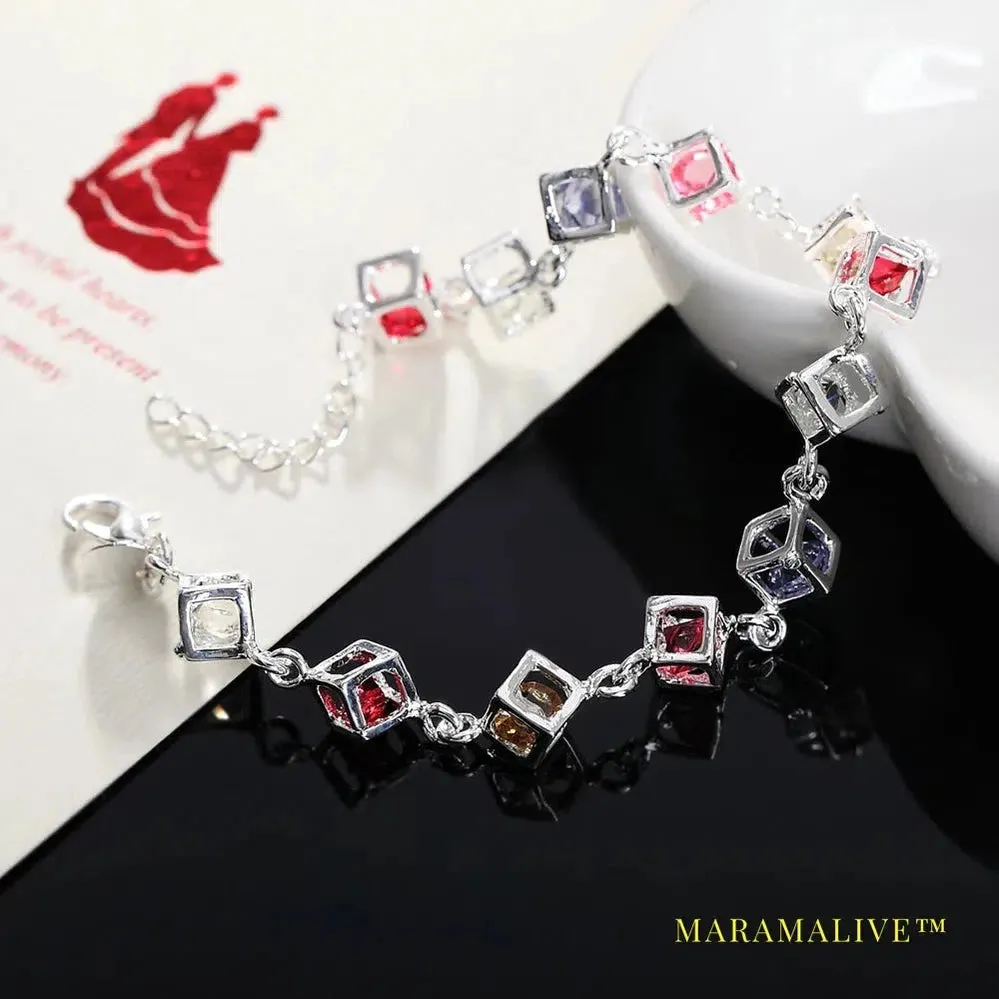 925 Sterling Silver Multicolor Square AAA Zircon Bracelet For Women Wedding Engagement Party Fashion  Jewelry