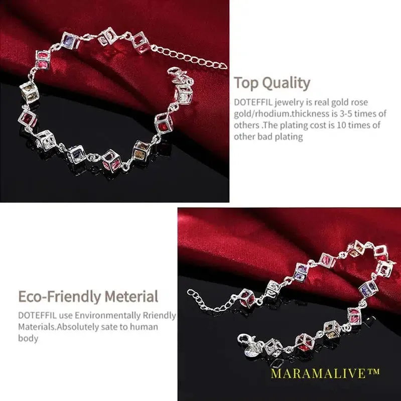 925 Sterling Silver Multicolor Square AAA Zircon Bracelet For Women Wedding Engagement Party Fashion  Jewelry