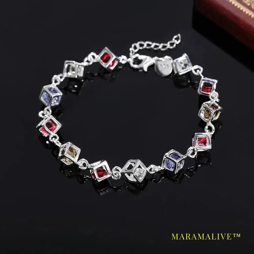 925 Sterling Silver Multicolor Square AAA Zircon Bracelet For Women Wedding Engagement Party Fashion  Jewelry