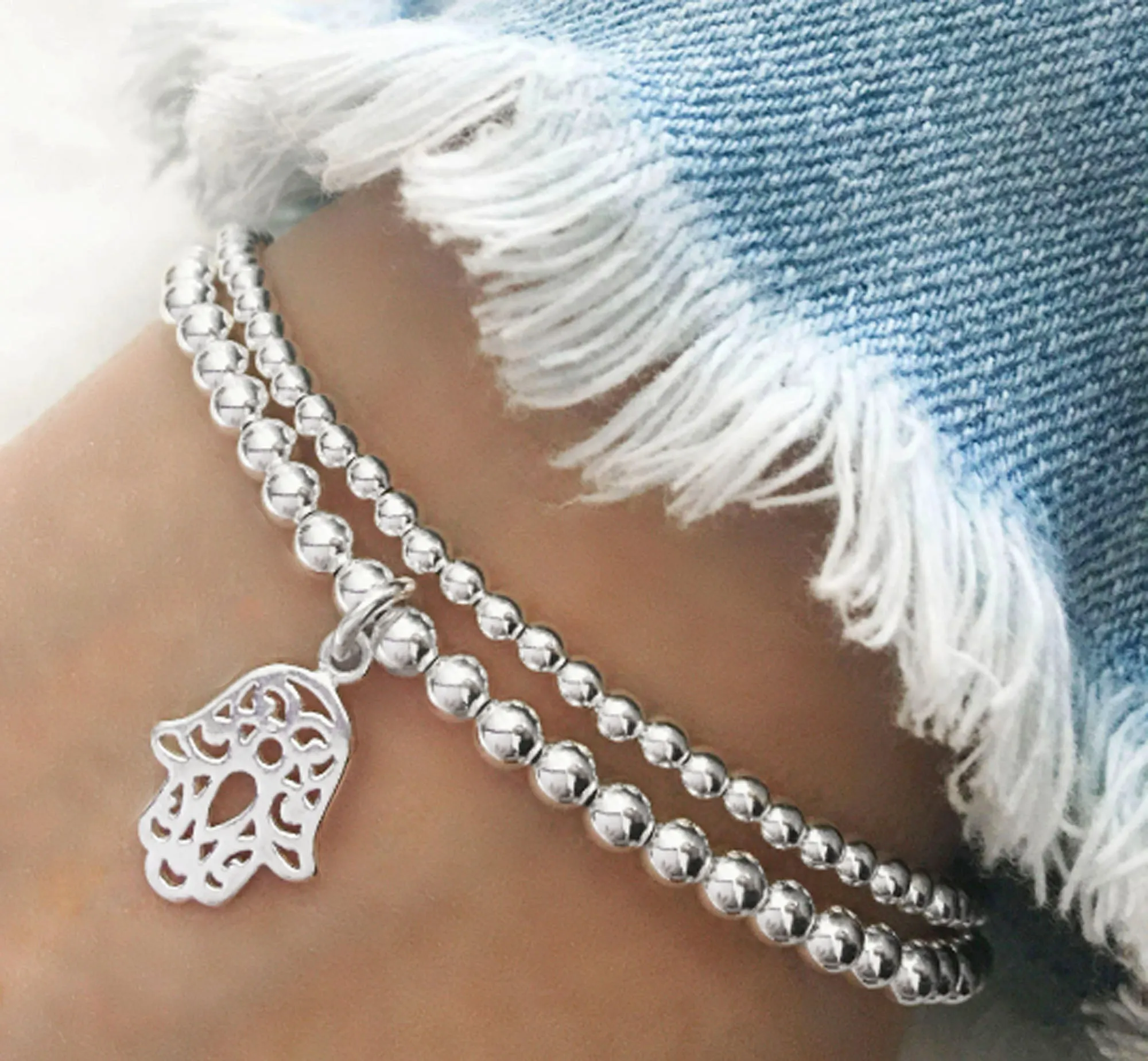 925 Sterling Silver Stretch Hamsa Charm Bracelet, Sterling Silver Bracelet, Hamsa Bracelet, Stacked Bracelets