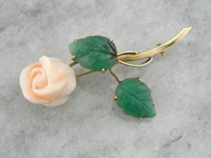 A Rose of Angels Skin: Vintage Coral and Aventurine Brooch in Gold