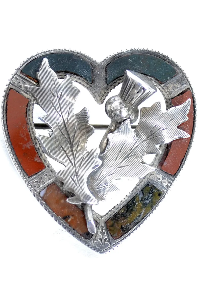 Agate Inlaid Sterling Silver Victorian Scottish Thistle Vintage Heart Brooch