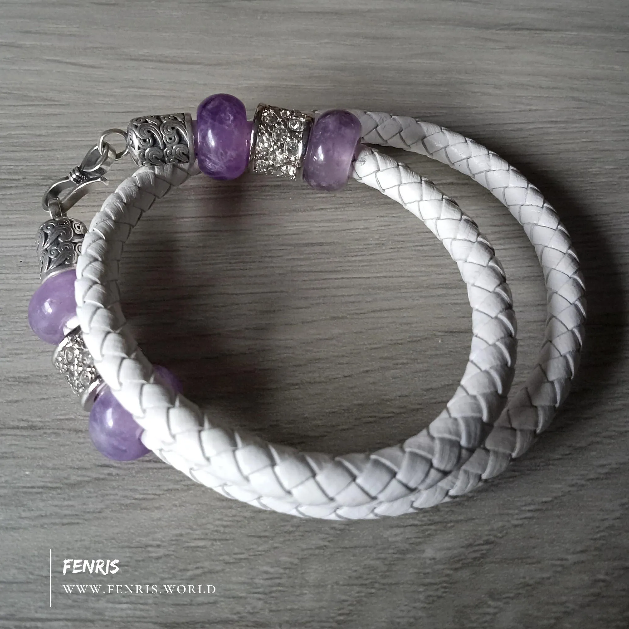 Amethyst and 925 Silver White Leather Wrap Bracelet