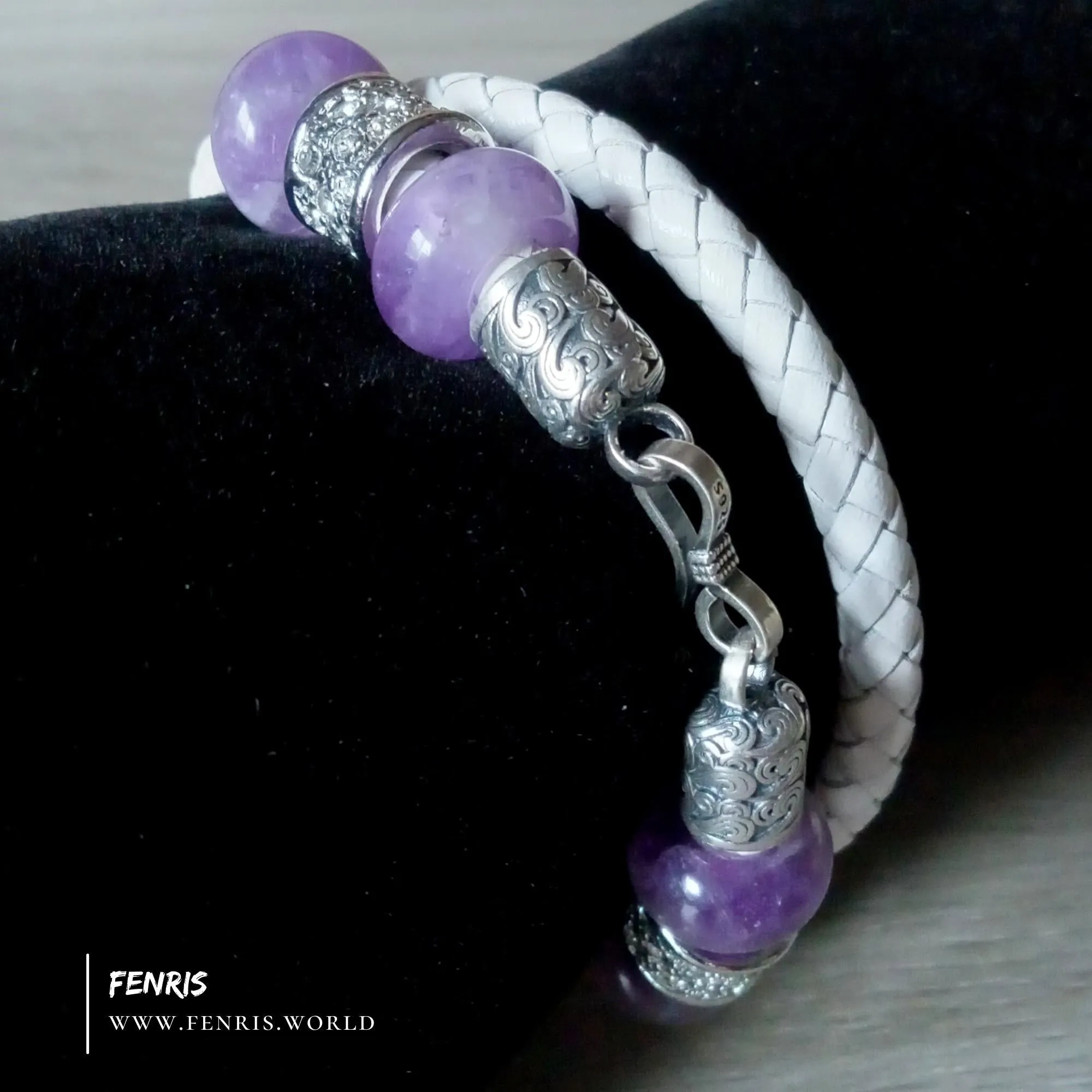 Amethyst and 925 Silver White Leather Wrap Bracelet