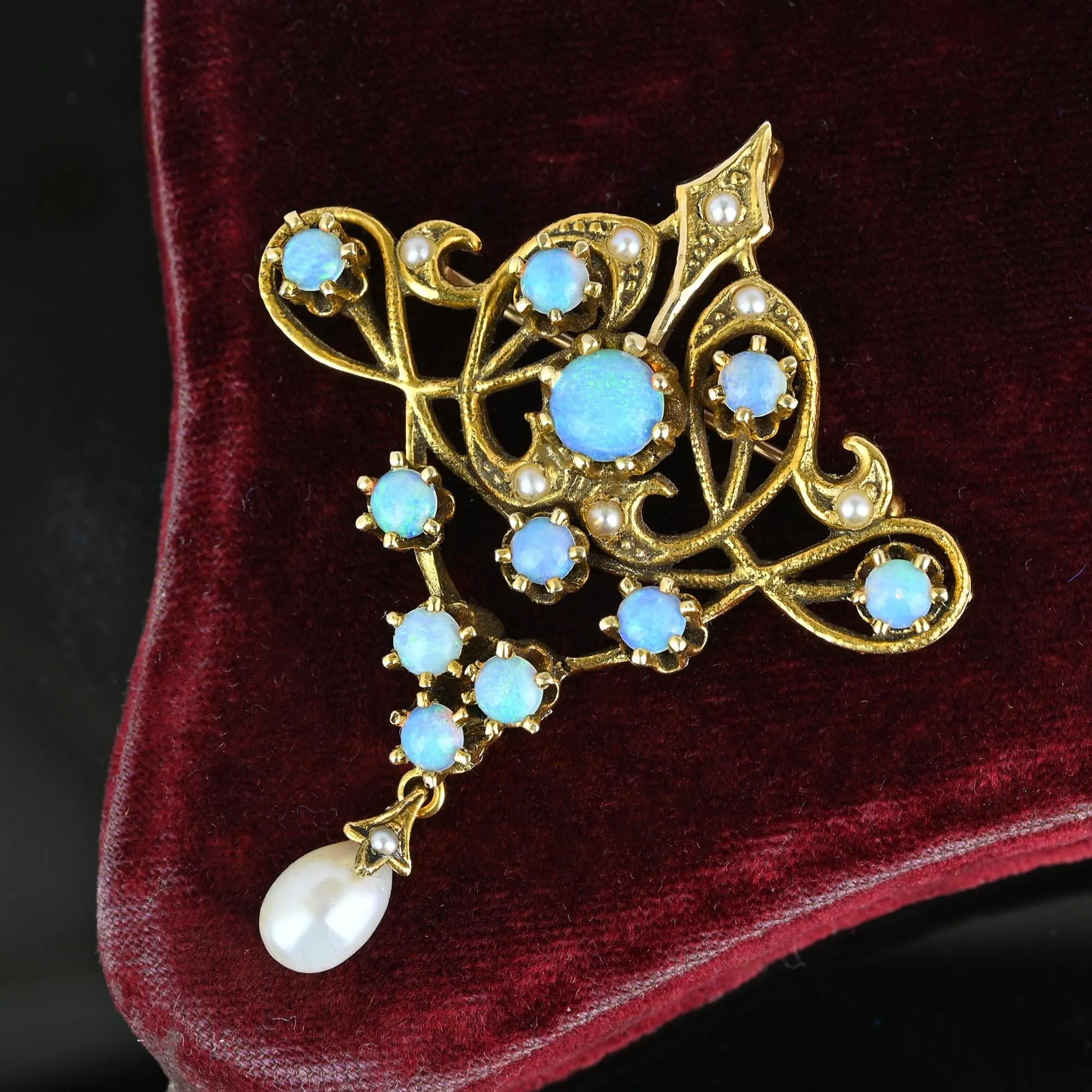 Antique 14K Gold Pearl Opal Cabochon Brooch Pendant