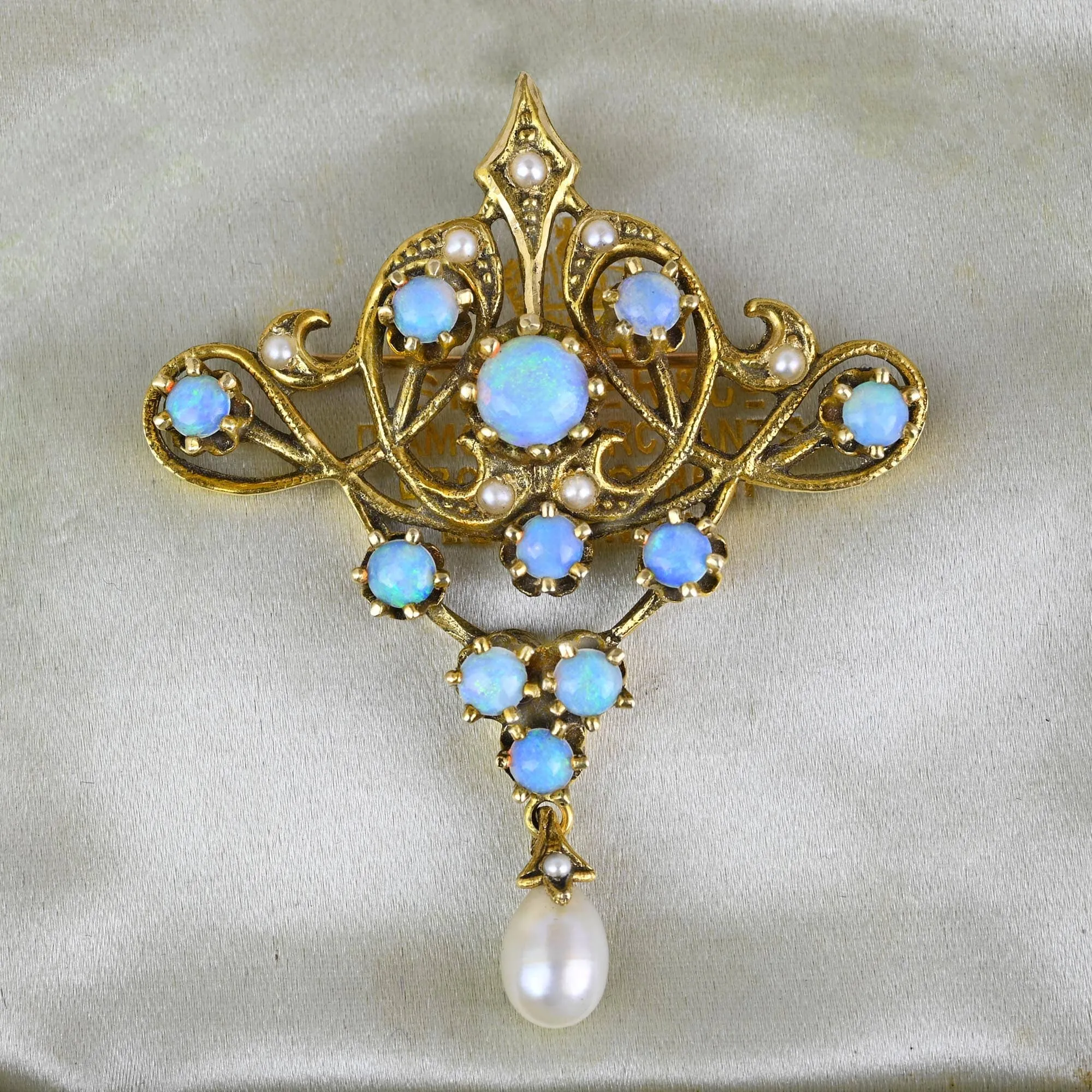 Antique 14K Gold Pearl Opal Cabochon Brooch Pendant