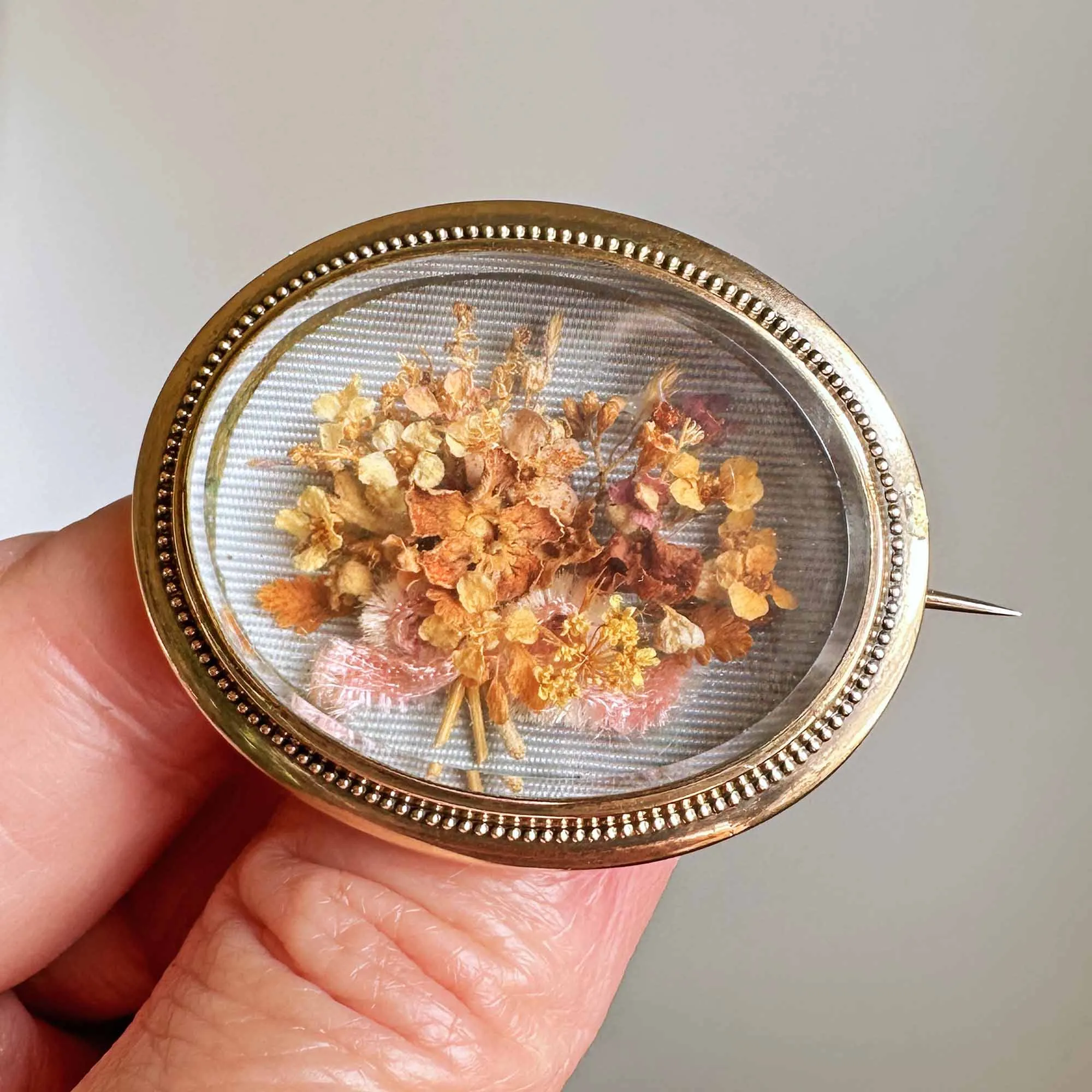 Antique 14K Gold Shadow Box Dried Flower Brooch