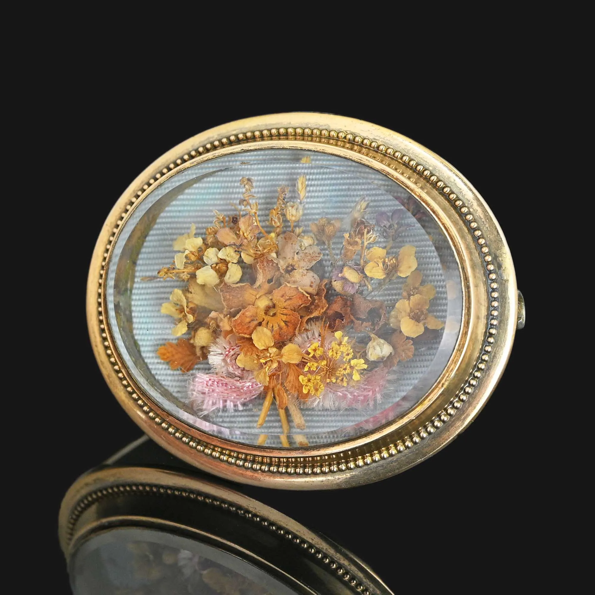 Antique 14K Gold Shadow Box Dried Flower Brooch