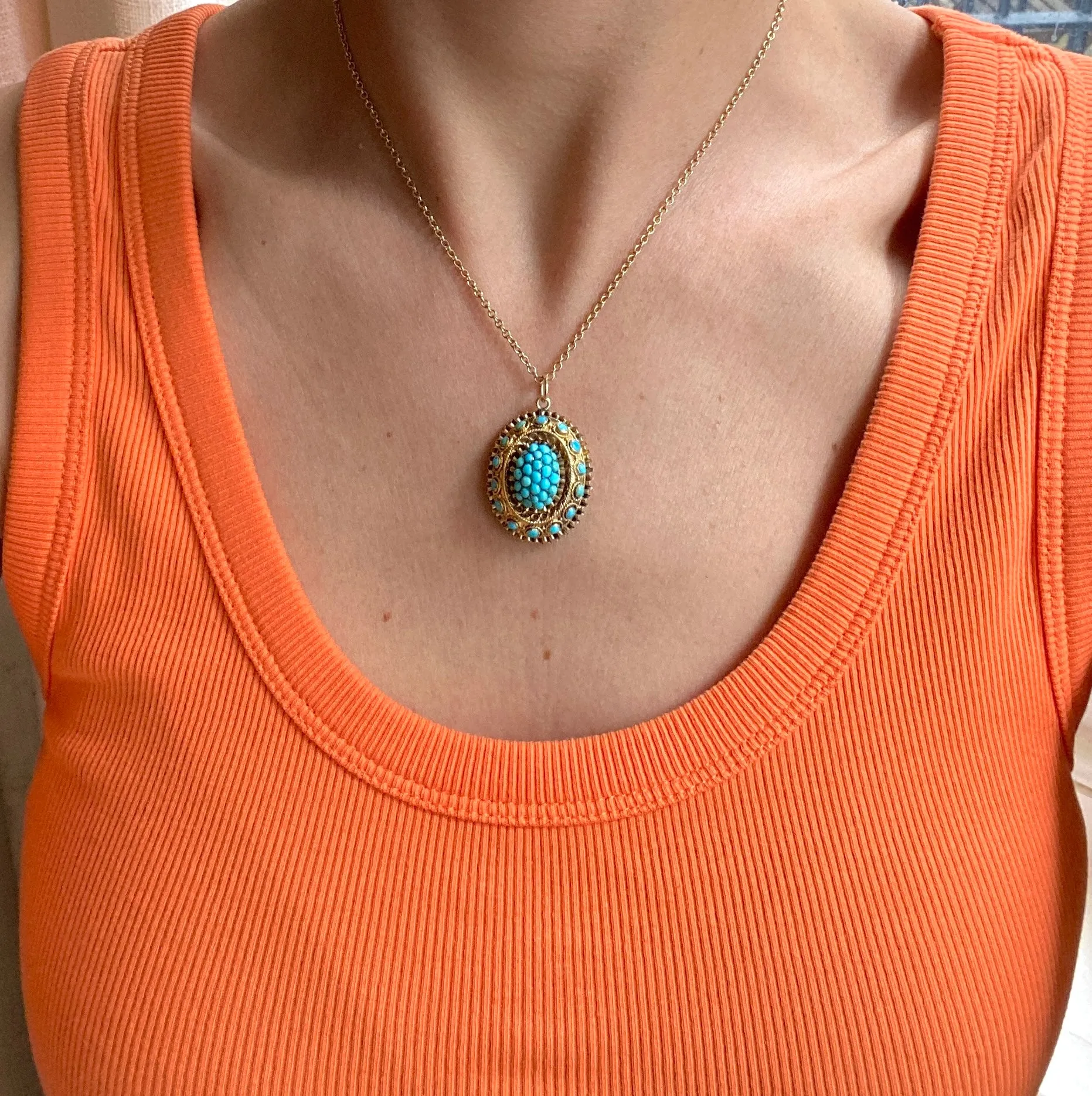 Antique, 15ct Gold, Etruscan Revival Turquoise Locket backed Pendant