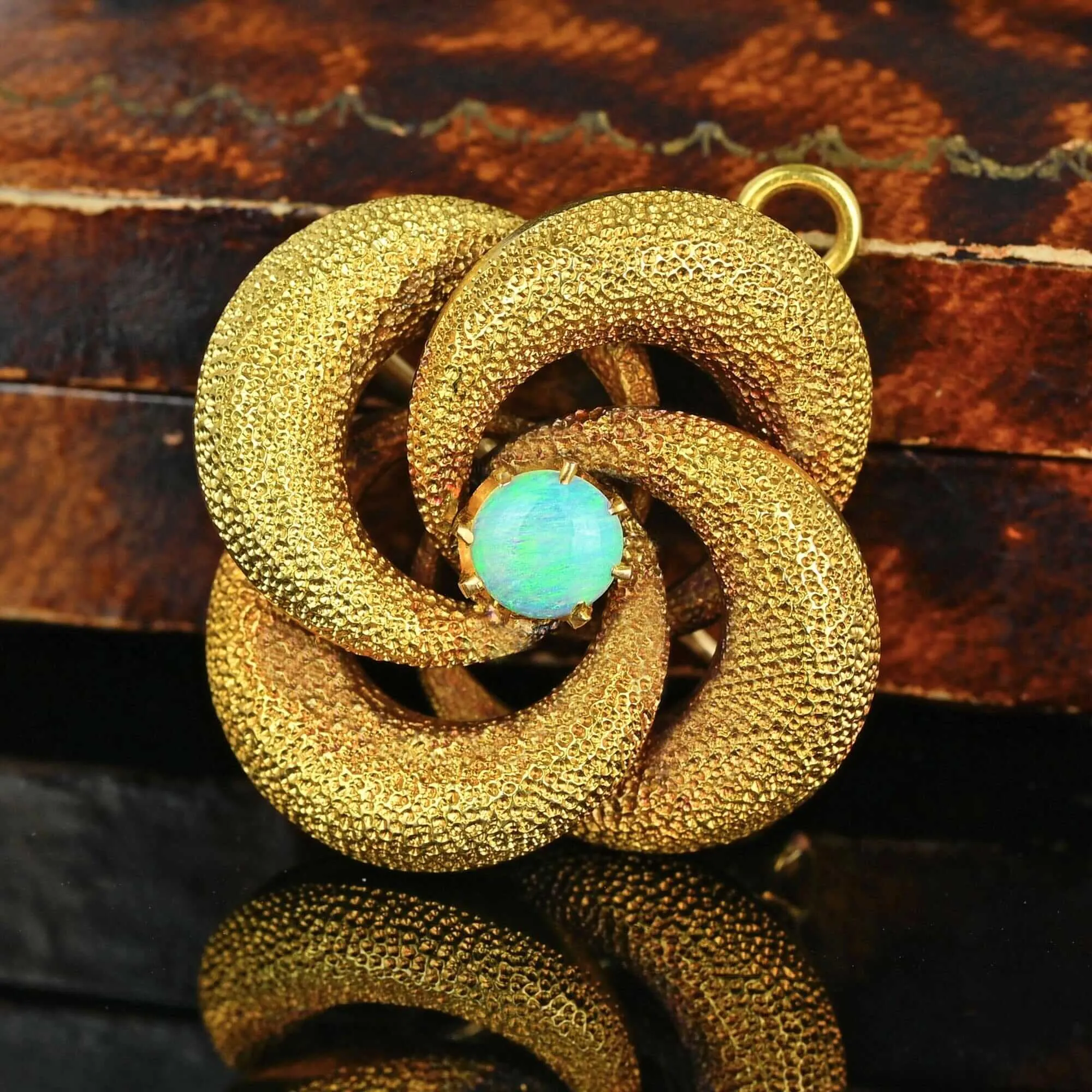 Antique 18K Gold Lovers Knot Opal Brooch Pendant