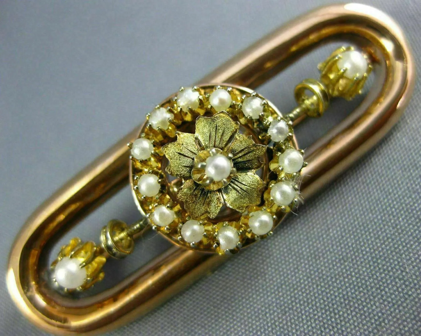 ANTIQUE AAA SOUTH SEA PEARL 14K YELLOW & ROSE GOLD OVAL FLOWER BROOCH PIN #26638