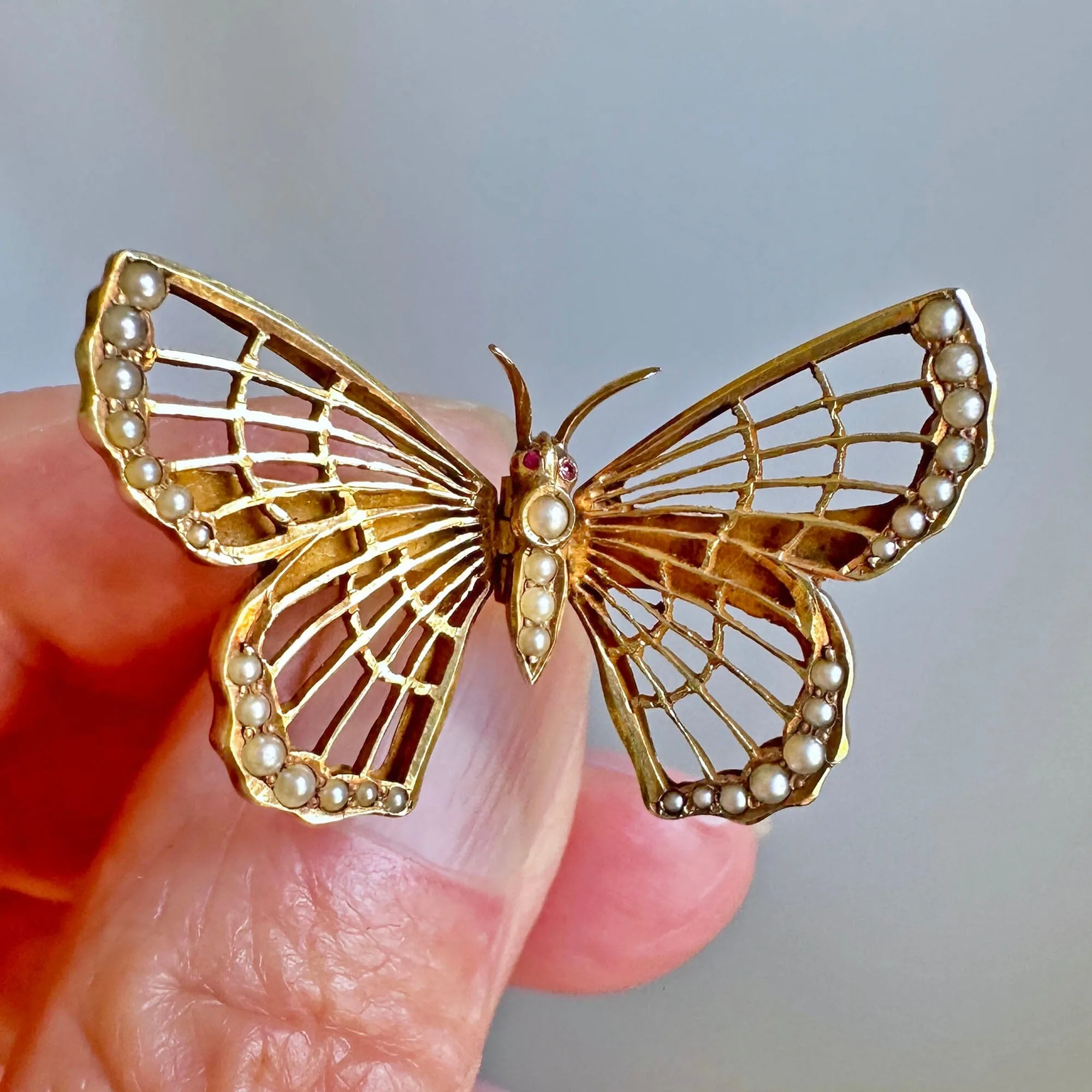 Antique AJ Hedges 14K Gold Pearl Ruby Butterfly Brooch Clip