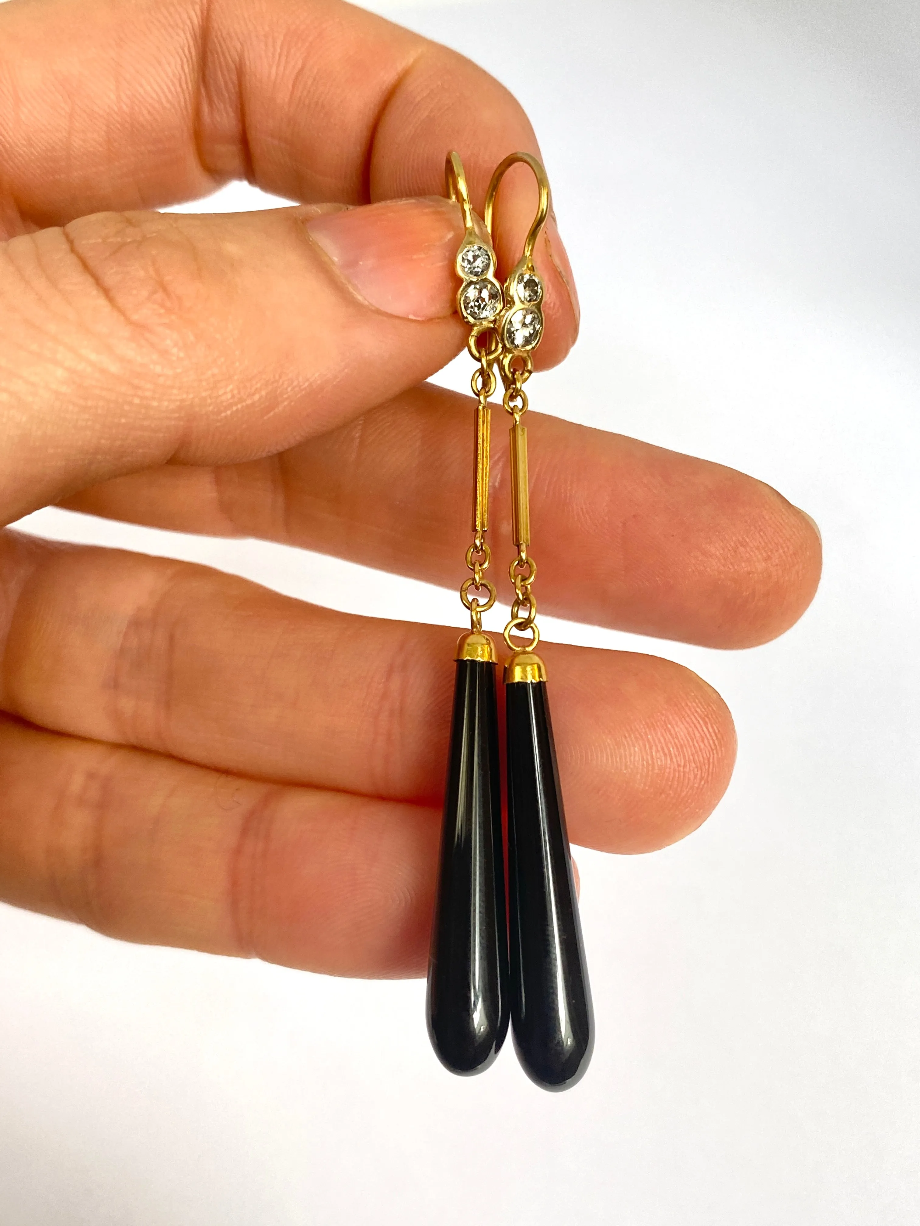 Antique, Art Deco, 15ct Gold Black Onyx and Diamond drop Earrings