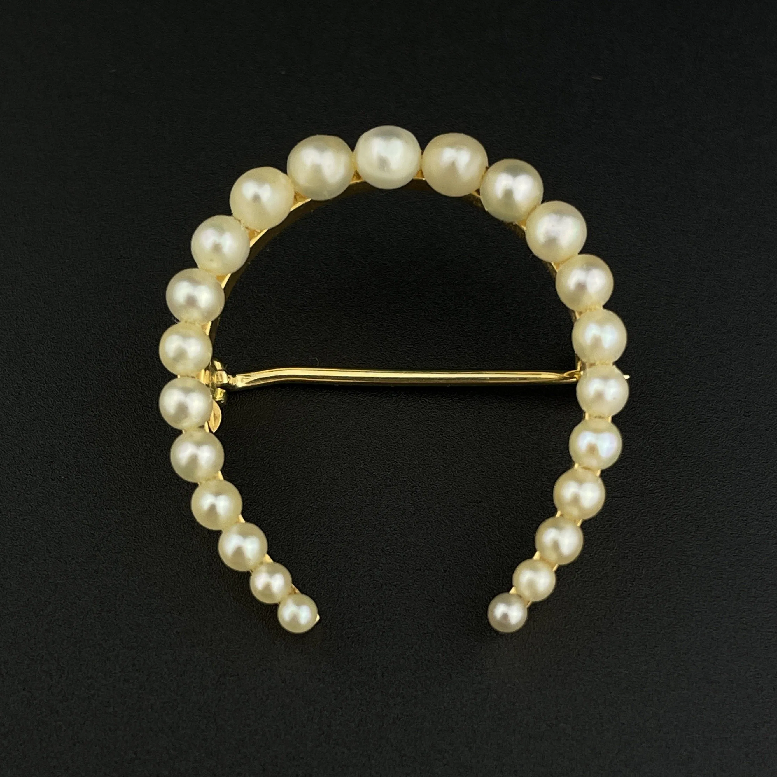 Antique Edwardian Solid 14K Gold Pearl Horseshoe Lucky Charm Brooch