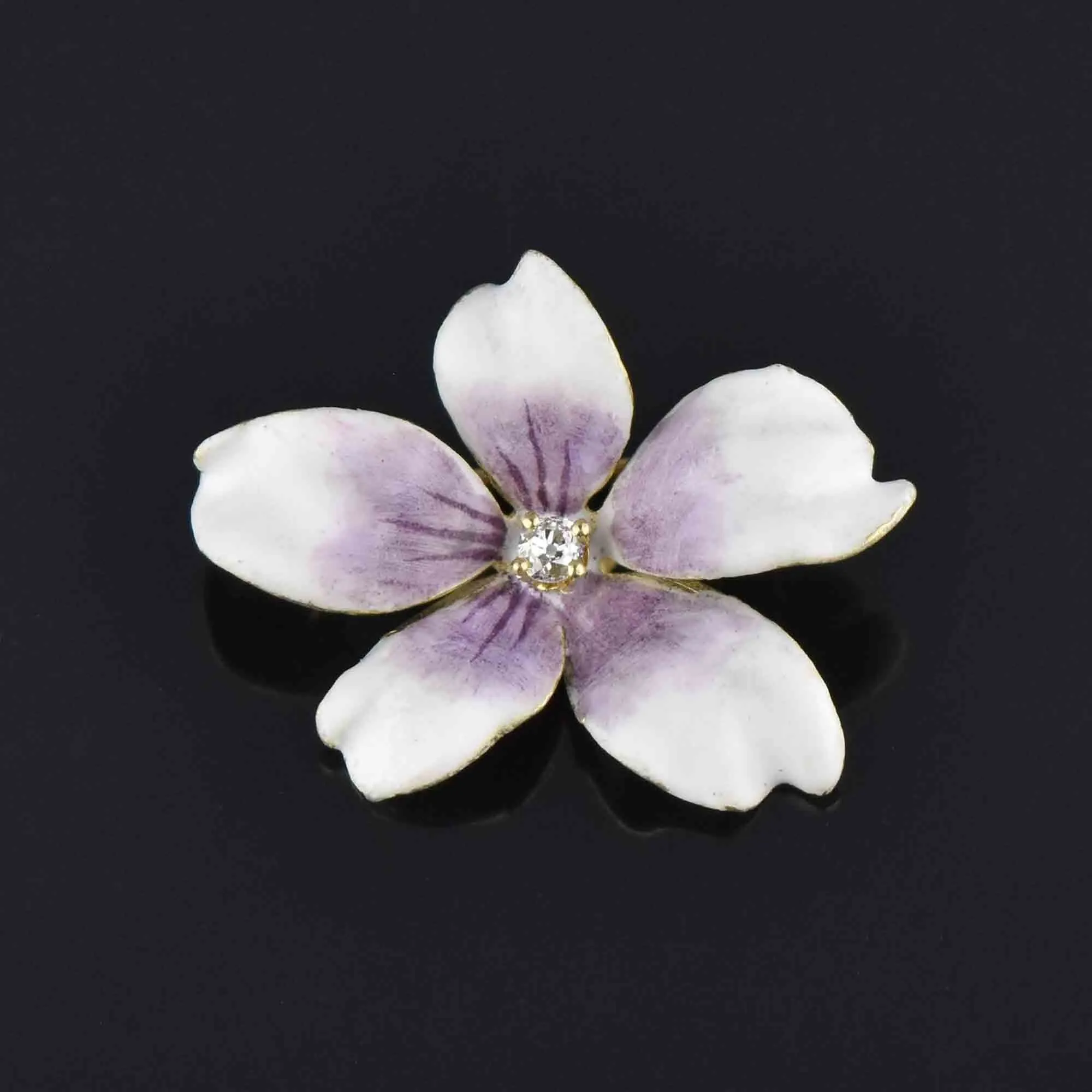 Antique Enamel Diamond Viola Pendant Brooch in 14K Gold