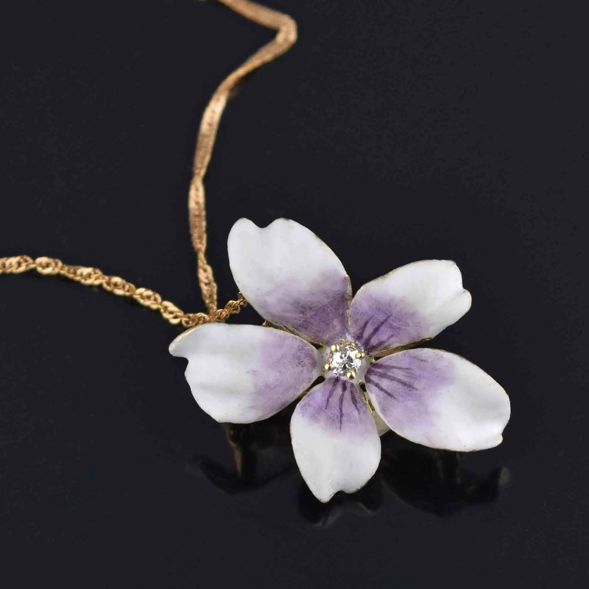 Antique Enamel Diamond Viola Pendant Brooch in 14K Gold