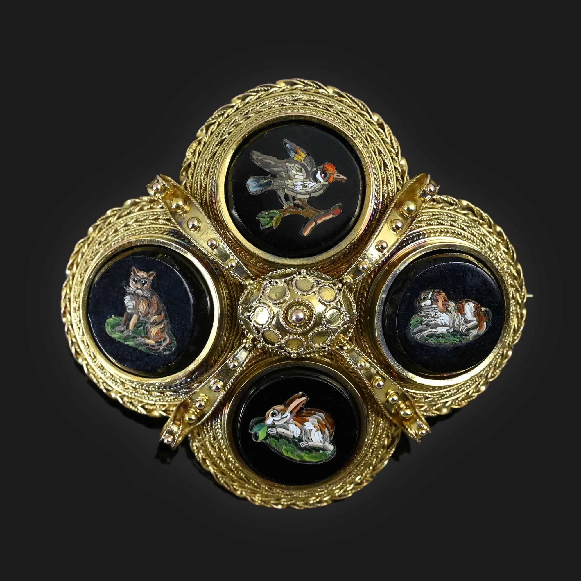 Antique Etruscan Micro Mosaic Animal Brooch in 14K Gold