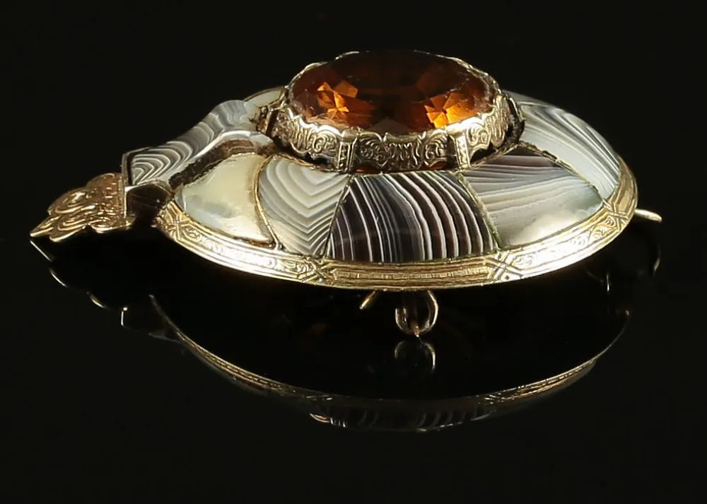 Antique Scottish Agate Gold Brooch - Circa 1860