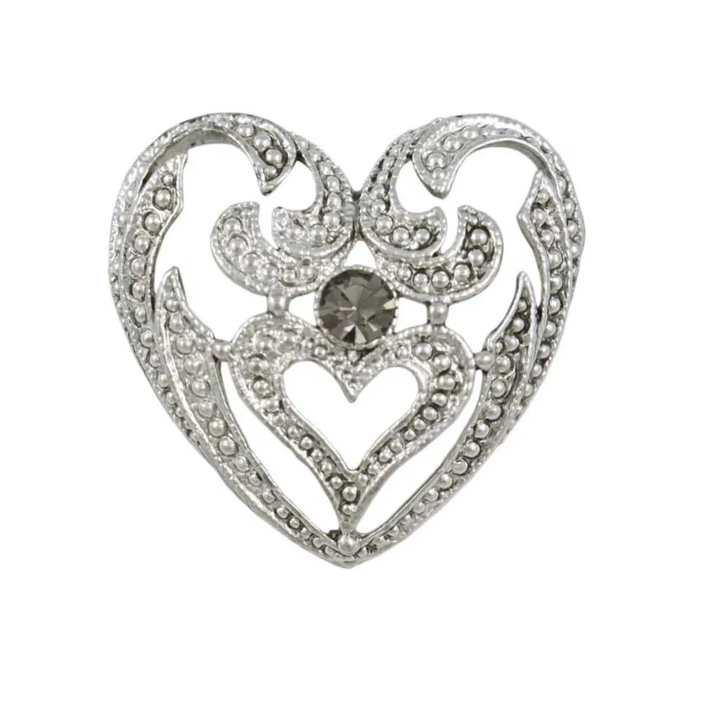 Antique Silver-tone Heart with Gray Crystal Brooch Pin - PRH834