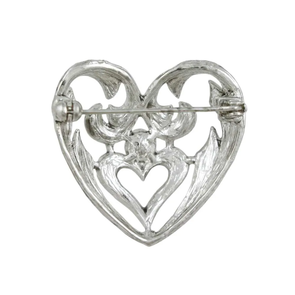 Antique Silver-tone Heart with Gray Crystal Brooch Pin - PRH834