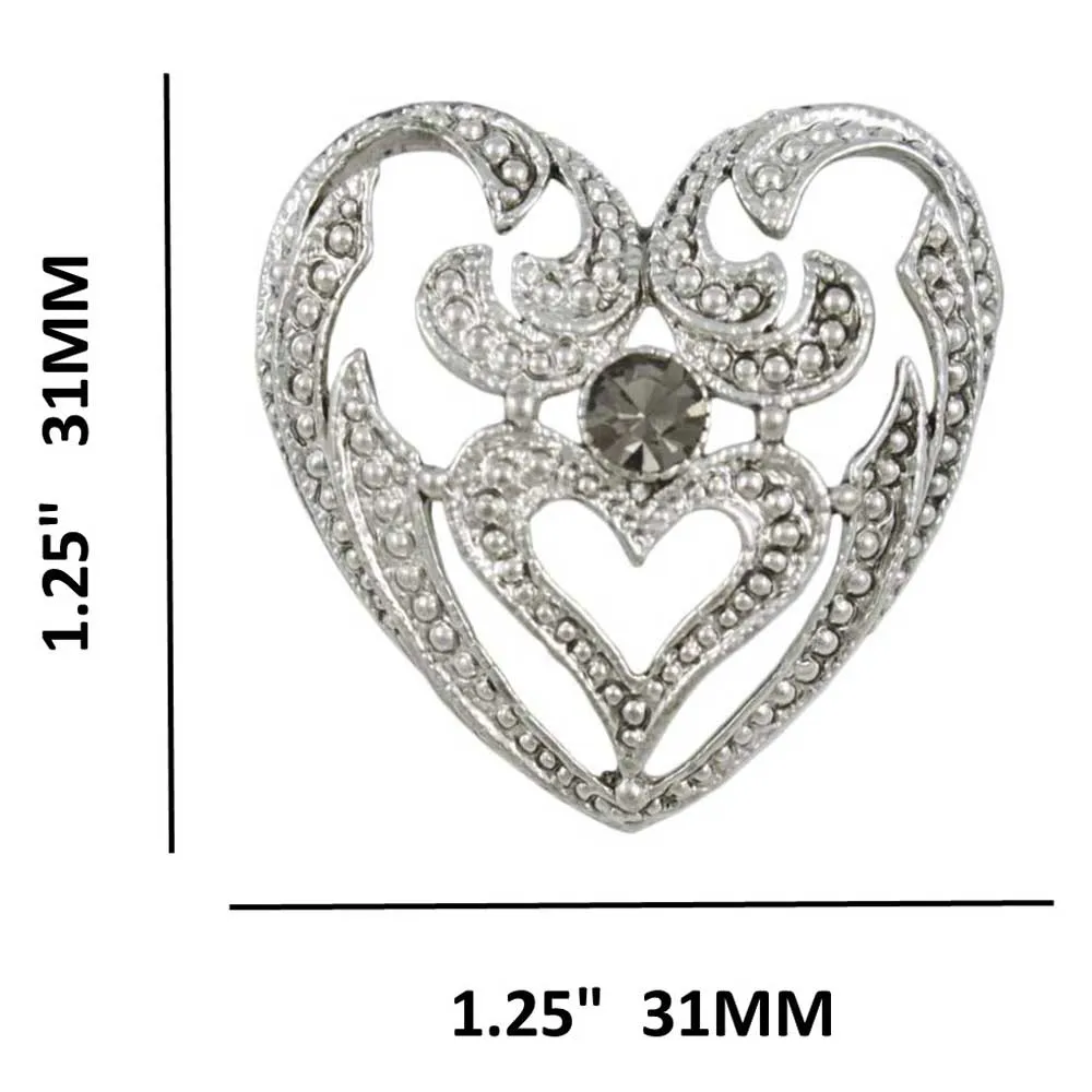 Antique Silver-tone Heart with Gray Crystal Brooch Pin - PRH834