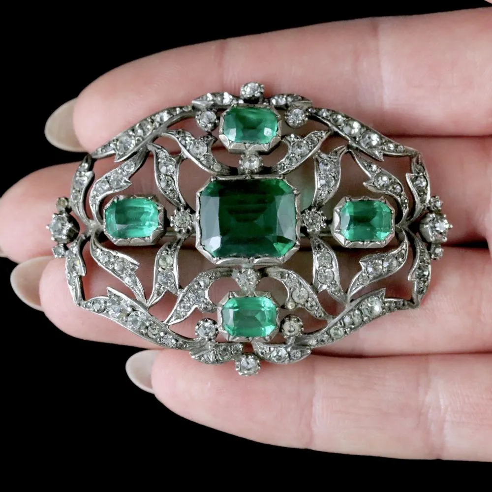 Antique Victorian Brooch Green Paste Silver Circa 1890