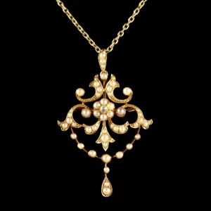 Antique Victorian Pearl Diamond 15Ct Gold Pendant Brooch Necklace Circa 1900