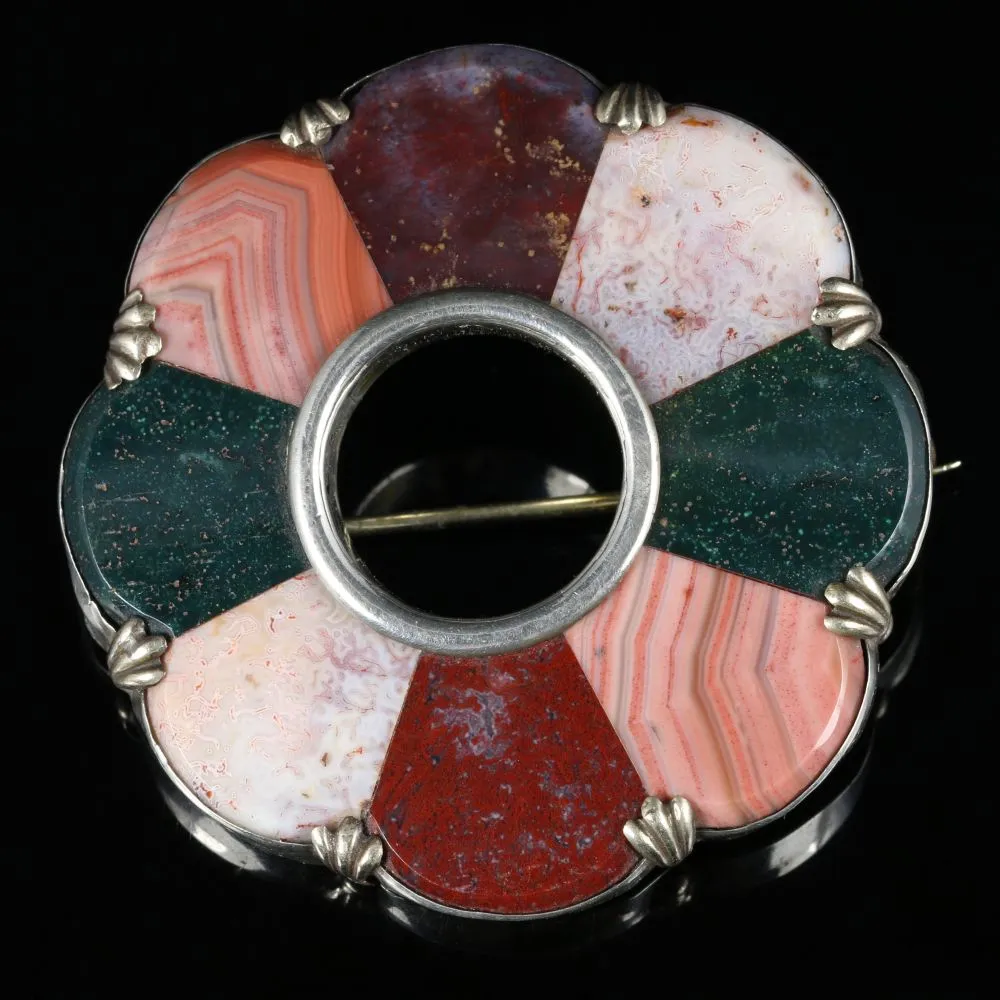 Antique Victorian Scottish Silver Agate Brooch Circa 1880