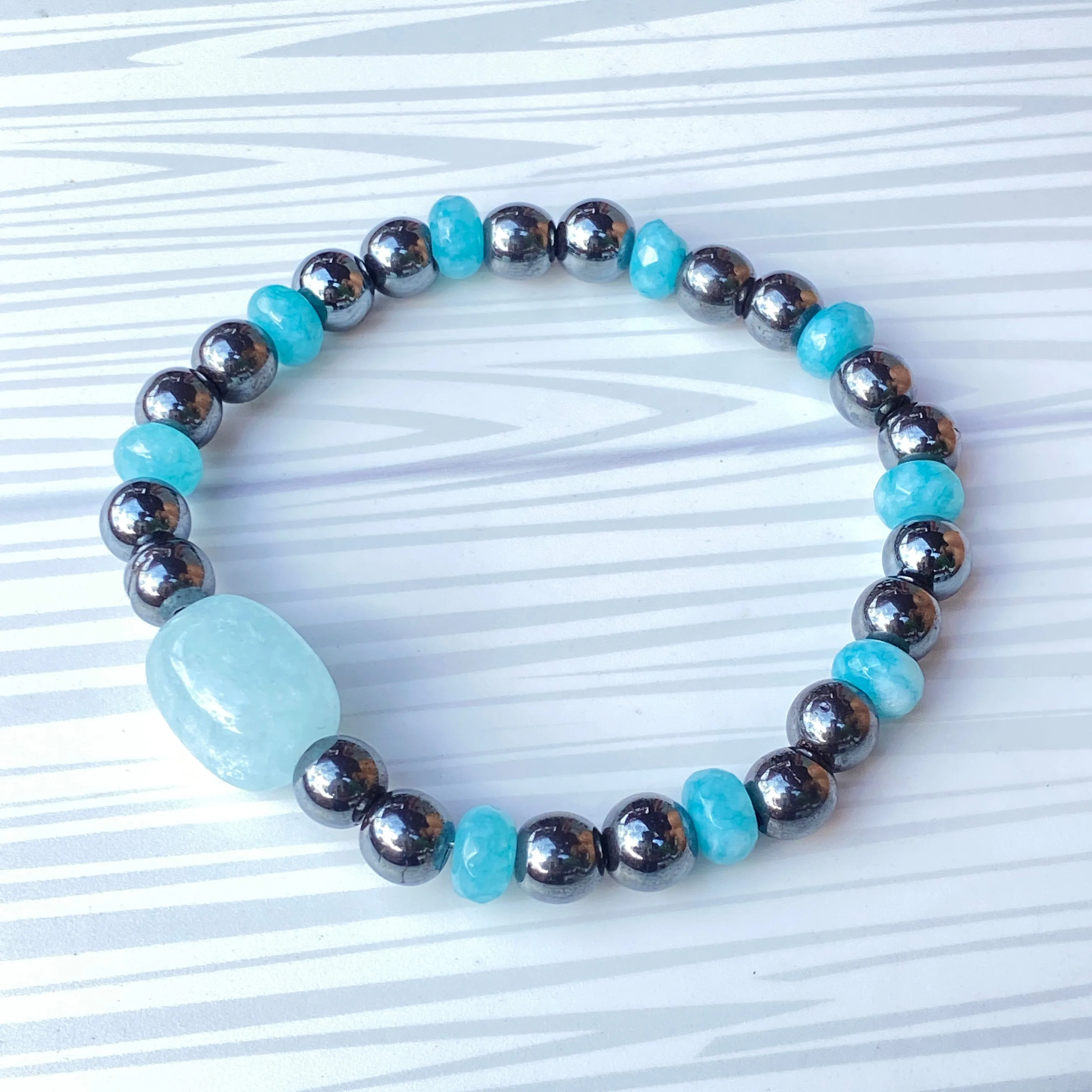 Aquamarine and Hematite gemstone stretch Bracelet