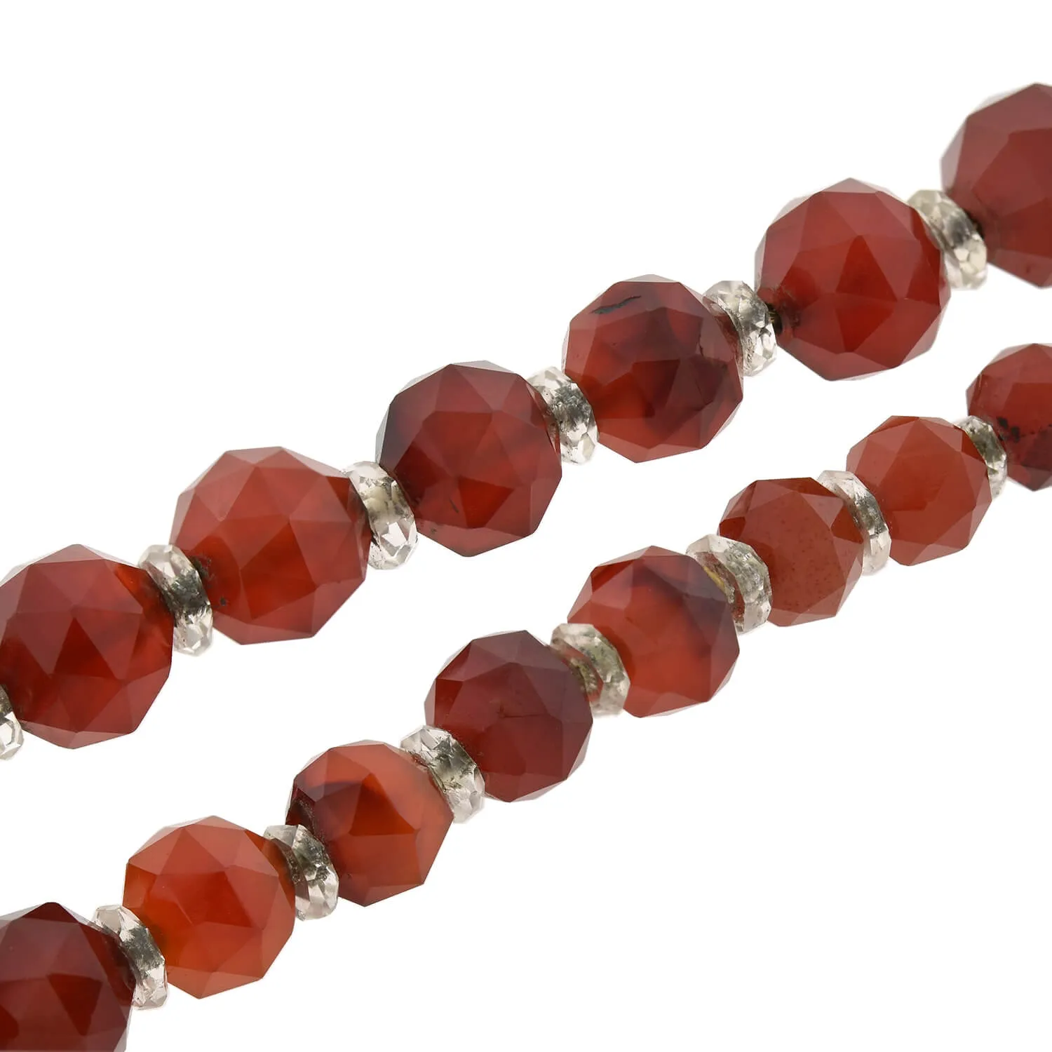 Art Deco Faceted Carnelian   Rock Crystal Graduated Bead Necklace 28.5"