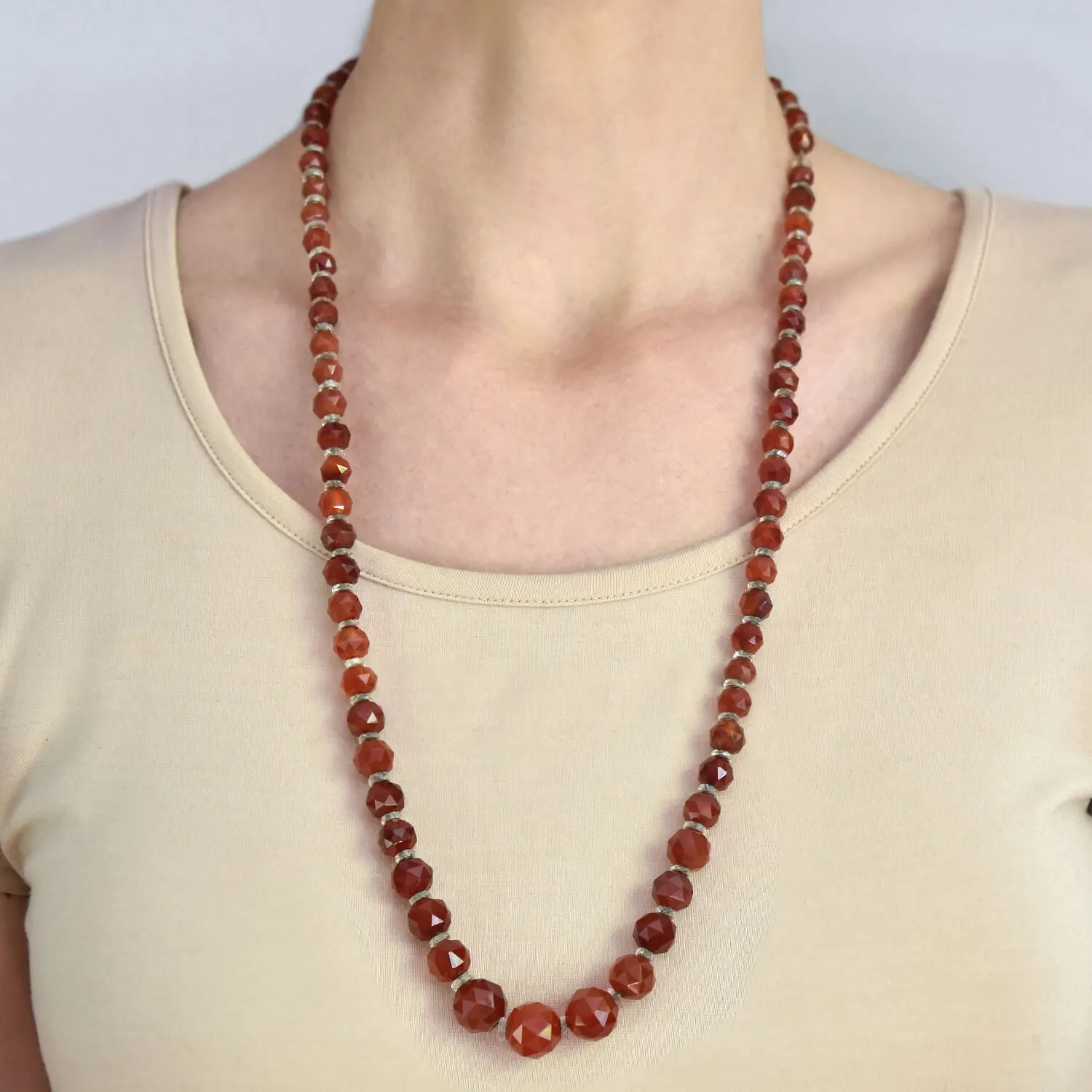 Art Deco Faceted Carnelian   Rock Crystal Graduated Bead Necklace 28.5"